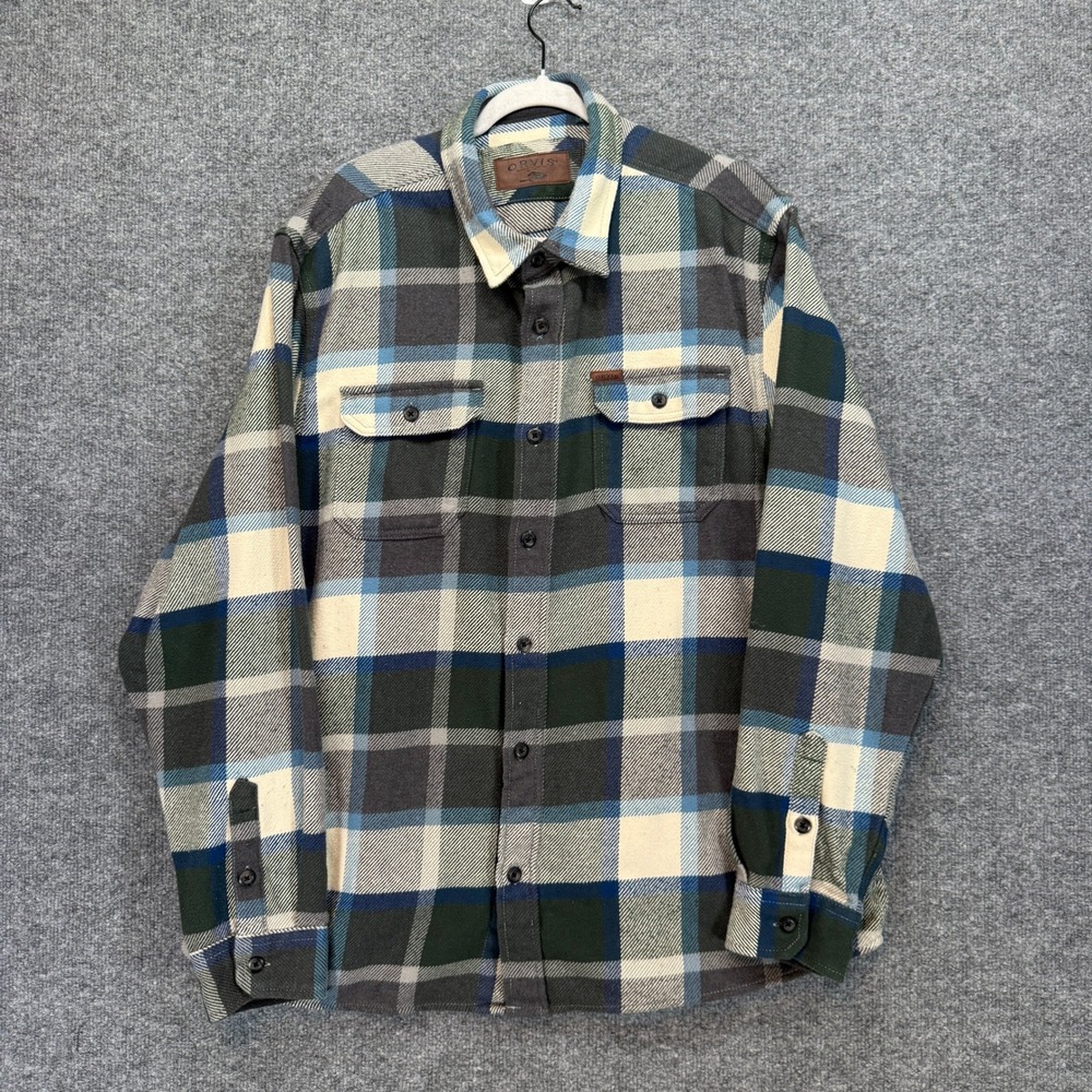 Orvis Flannel Shirt‎ Jacket Mens XXL Blue Green Fleece Lined Plaid Shacket Heavy